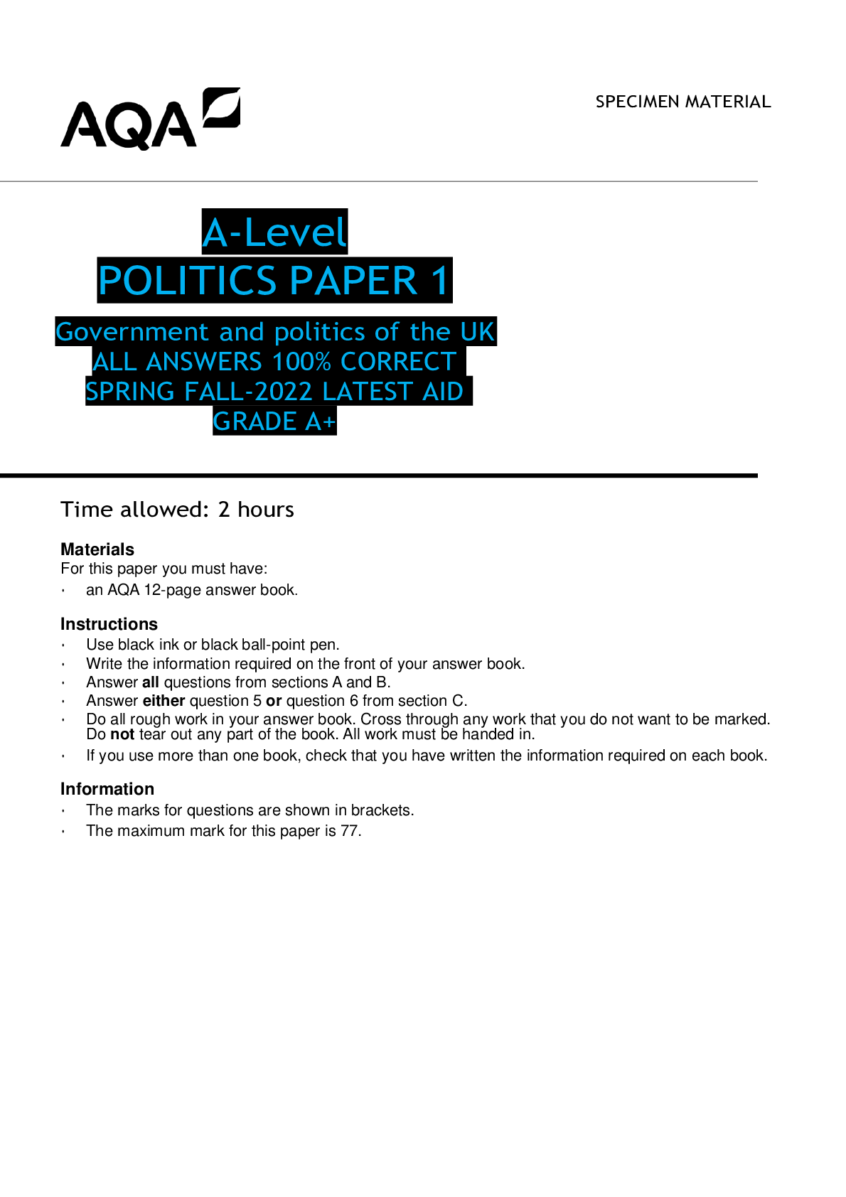 Preview of A-Level POLITICS PAPER 1 Government and politics of the UK ALL ANSWERS 100% CORRECT SPRING
